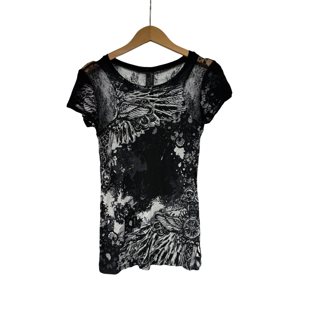 Angels & Diamonds Women Black White Wing Lace Graphic Grunge Goth Top S y2k